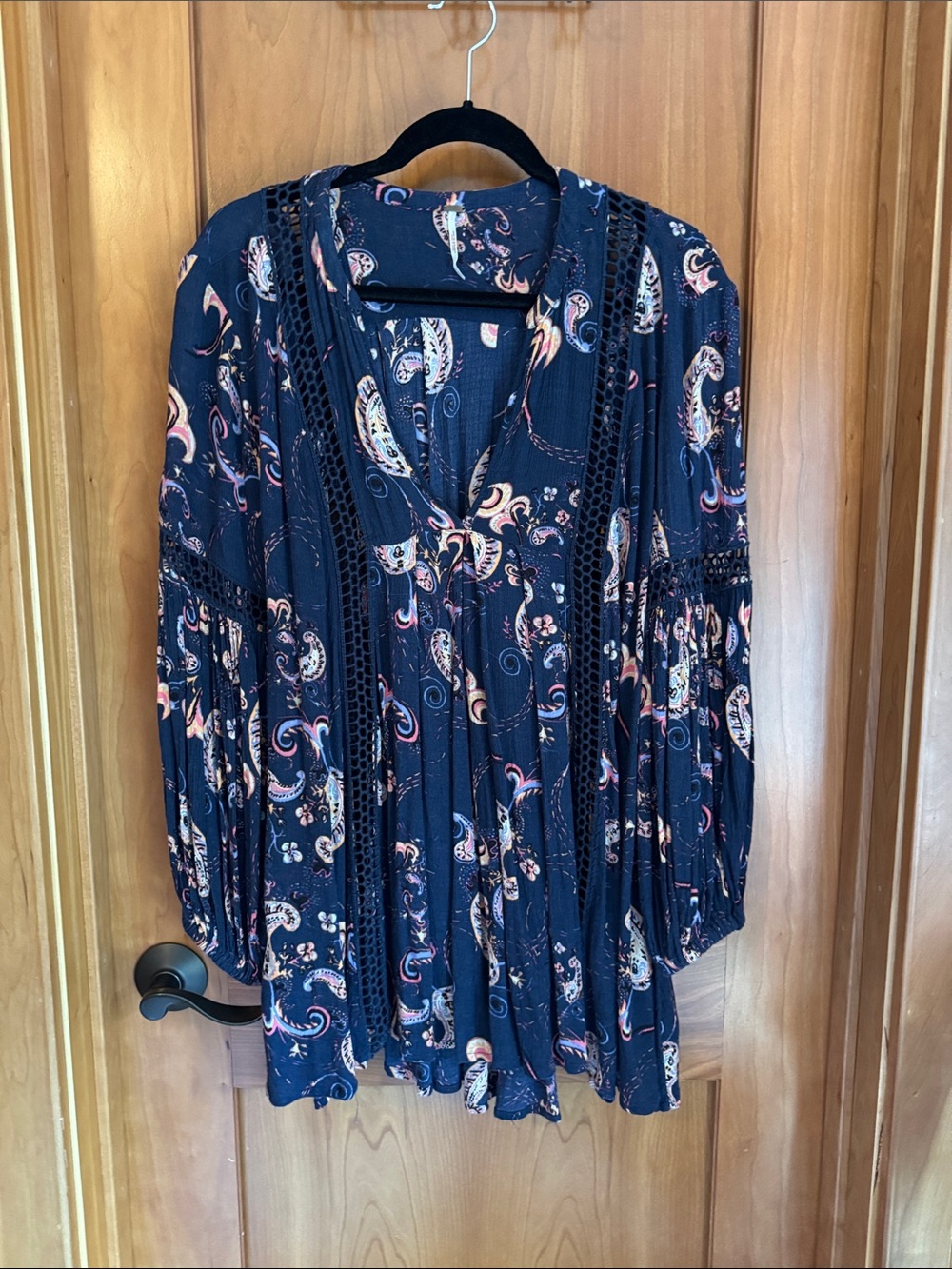 Free People Navy Paisley Lace-Inset Peasant Tunic